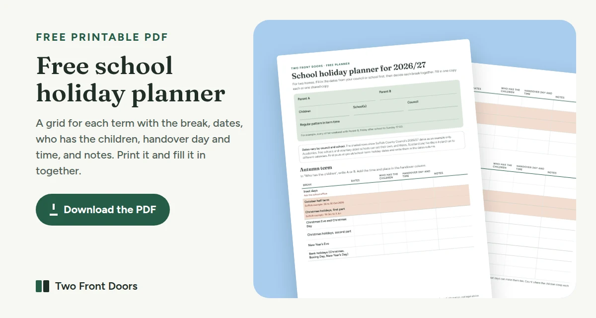 A preview of the free school holiday planner. A three-page planner with rows for the autumn, spring and summer terms, and columns for each break, its dates, who has the children, the handover day and time, and notes.