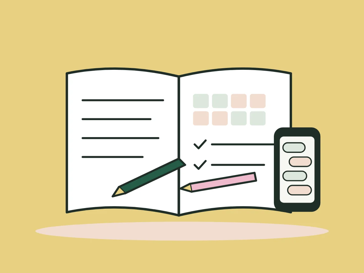 Illustration of an open notebook with a plan written in it, two pens and a phone showing a conversation.