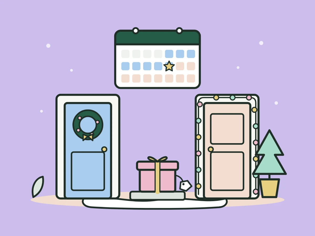 Two decorated front doors under a December calendar, with a wrapped present on the step between them