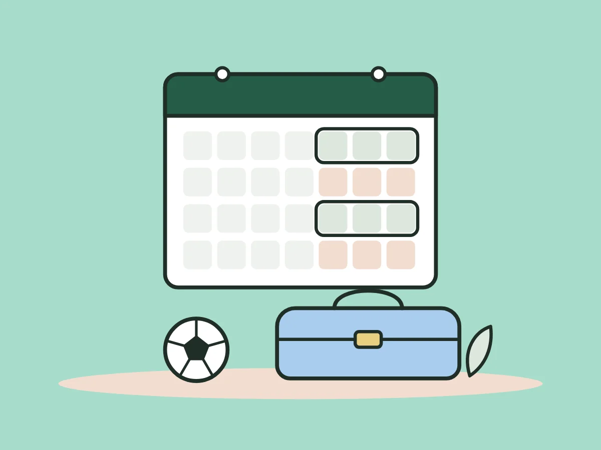 Illustration of a wall calendar with every other weekend marked, a packed weekend bag and a football.