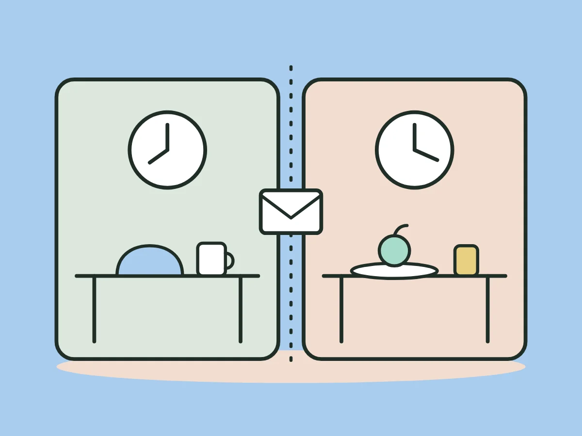 Illustration of two kitchens side by side with different clocks and meals, and a note passing between them.
