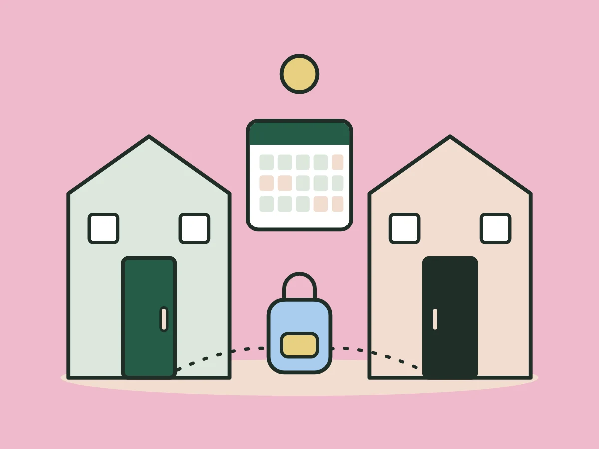 Illustration of two front doors with a school bag and a shared calendar between them.